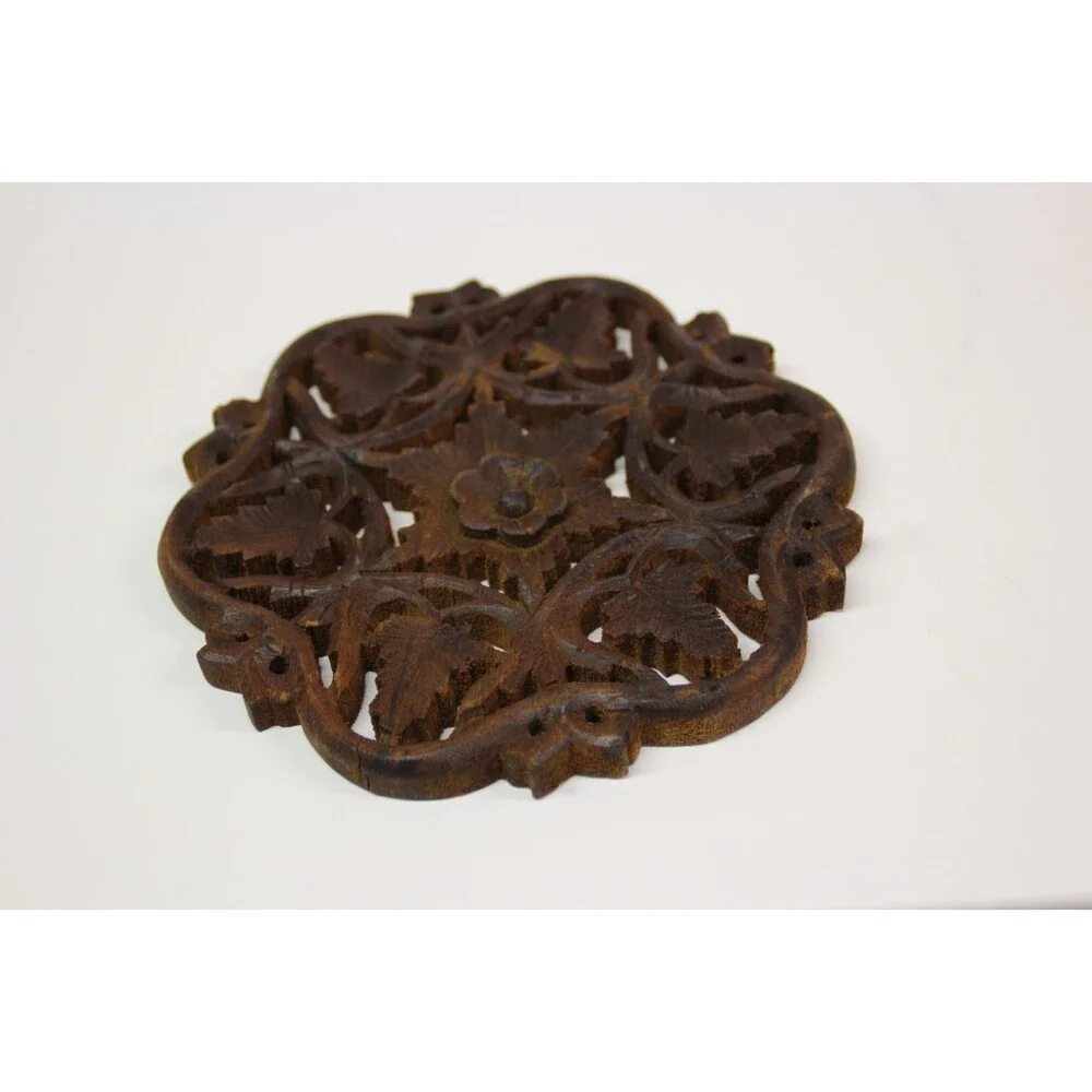 Vintage Boho India Hand Carved Wooden Trivet Decor Leaves Flower Mid-Century